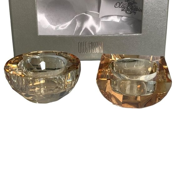 Oleg Cassini Honey Iridescent Crystal Votive Candle Holders Faceted Set of 2 Box - Picture 5 of 12